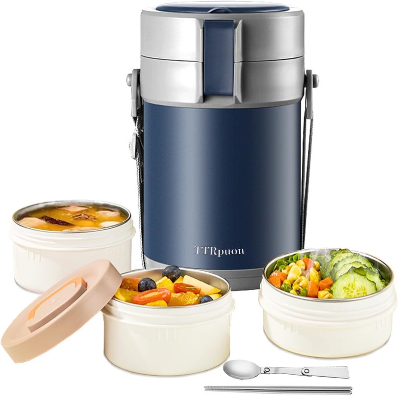 TTrpuon 82oz Thermo Container For Hot Food, 3 Tier Wide Mouth Insulated Stackable Food Container, lunch box for Work Office Outdoors Picnic (BLUE) - Image 1